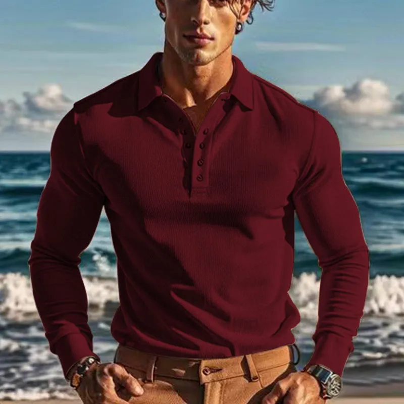 American men's waffle polo collar button long sleeve slim-fit T-shirt in solid colour white on model