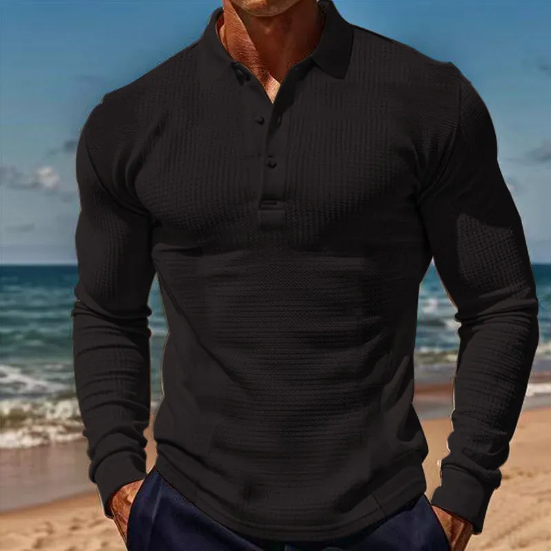 American men's waffle polo collar button long sleeve slim-fit T-shirt in solid colour white on model