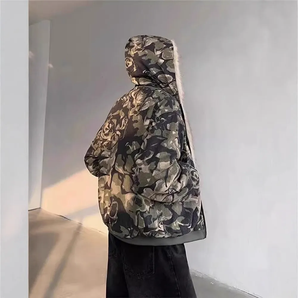 Men's retro washed camouflage fur collar hood jacket with loose fit and cotton lining