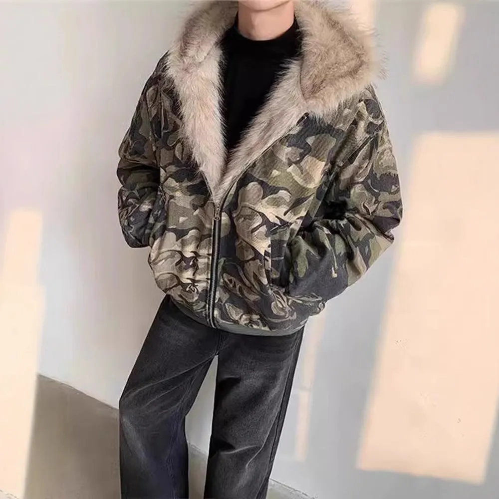 Men's retro washed camouflage fur collar hood jacket with loose fit and cotton lining