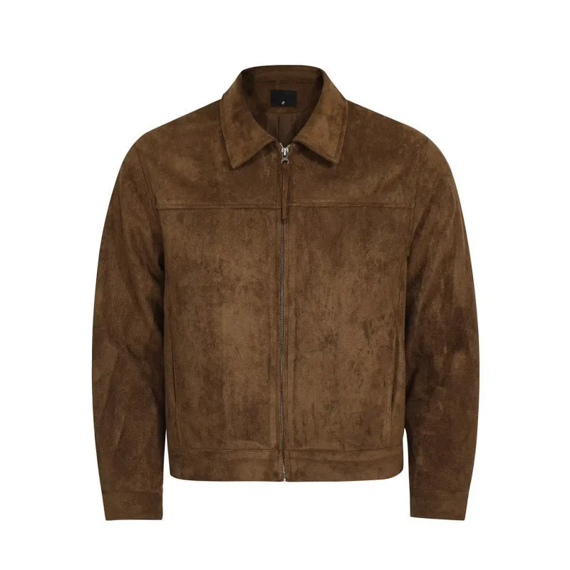 Men's Harajuku suede-style Vinylon double jacket in brown, loose thickening fit, front view