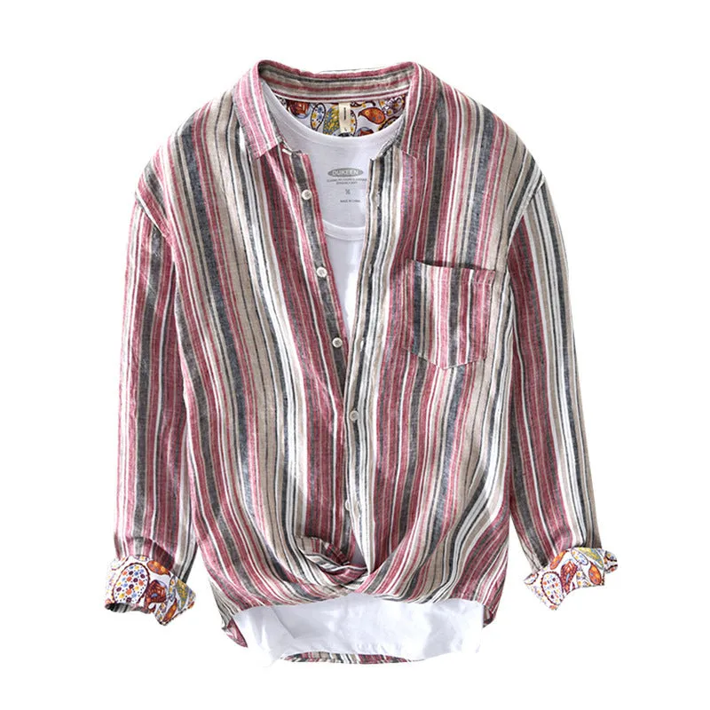 Men's linen striped shirt in loose fit with long sleeves showing red and grey colour options