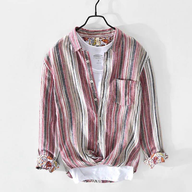 Men's linen striped shirt in loose fit with long sleeves showing red and grey colour options