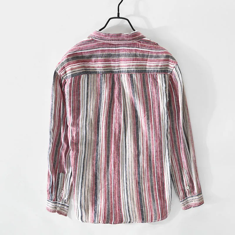 Men's linen striped shirt in loose fit with long sleeves showing red and grey colour options