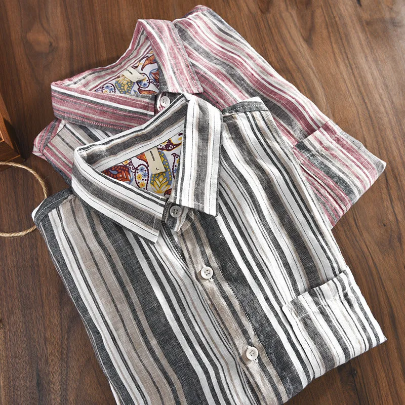 Men's linen striped shirt in loose fit with long sleeves showing red and grey colour options