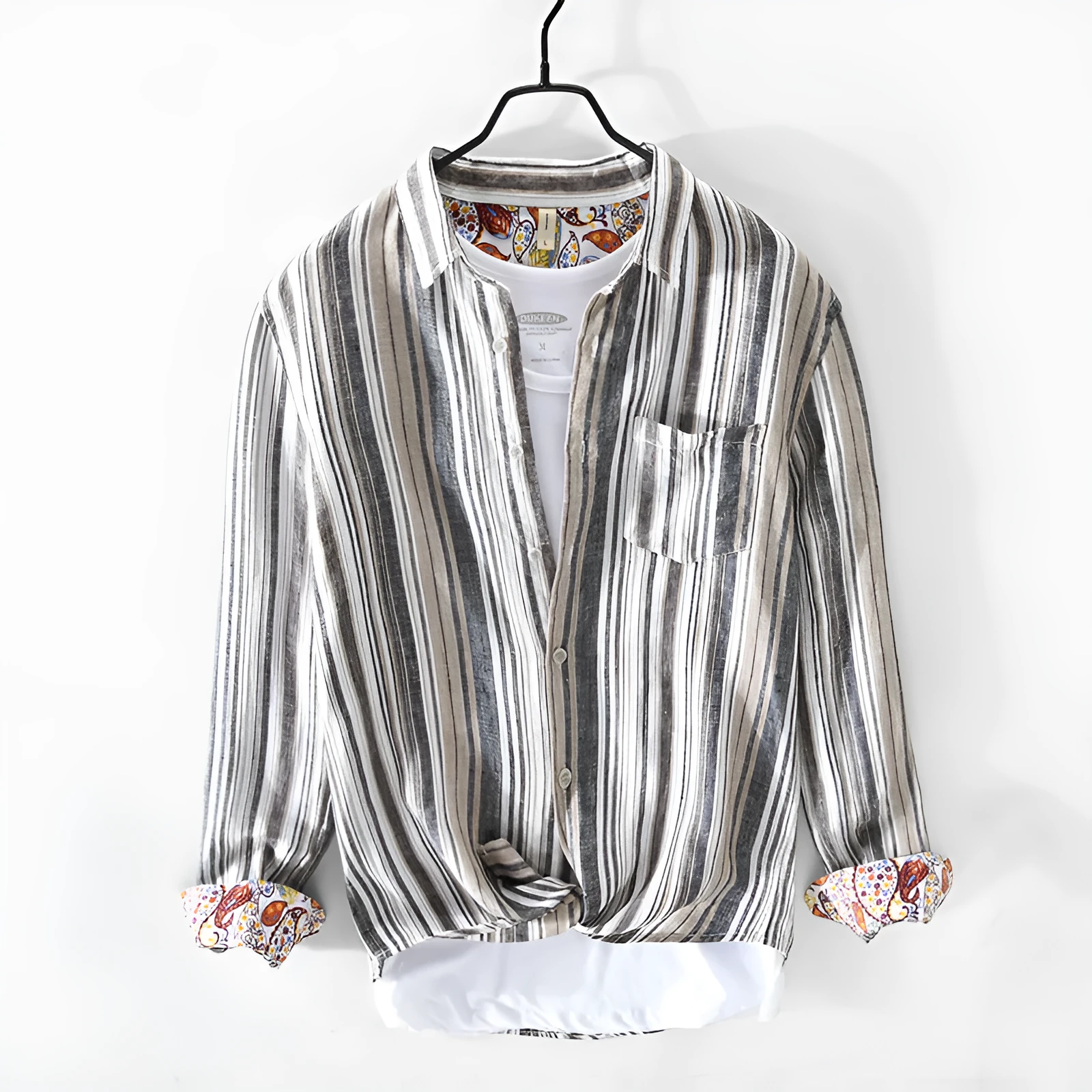 Men's linen striped shirt in loose fit with long sleeves showing red and grey colour options