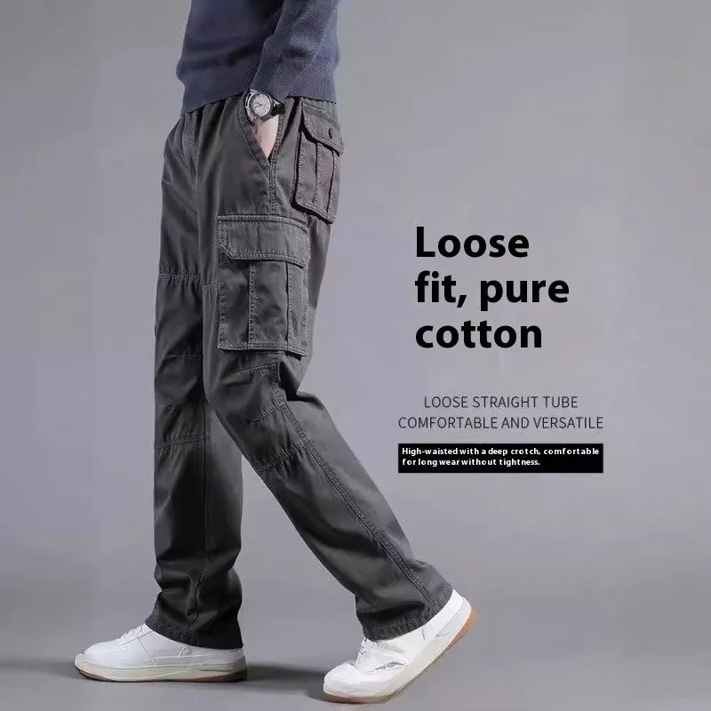 Men's multi-pocket 100% cotton cargo pants in khaki, mid waist with zipper fly, size M-5XL