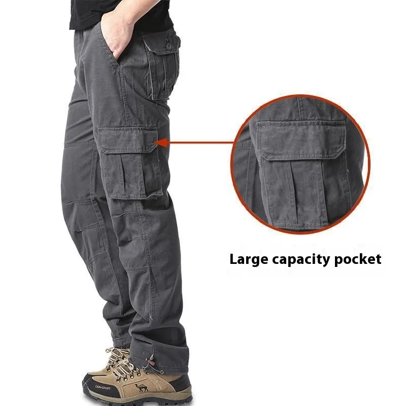 Men's multi-pocket 100% cotton cargo pants in khaki, mid waist with zipper fly, size M-5XL