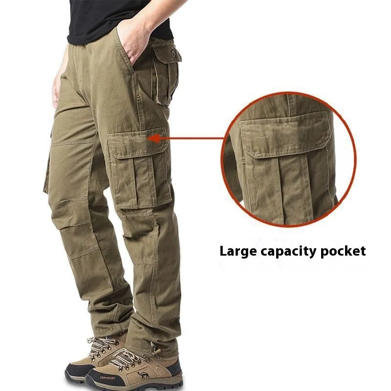 Men's multi-pocket 100% cotton cargo pants in khaki, mid waist with zipper fly, size M-5XL