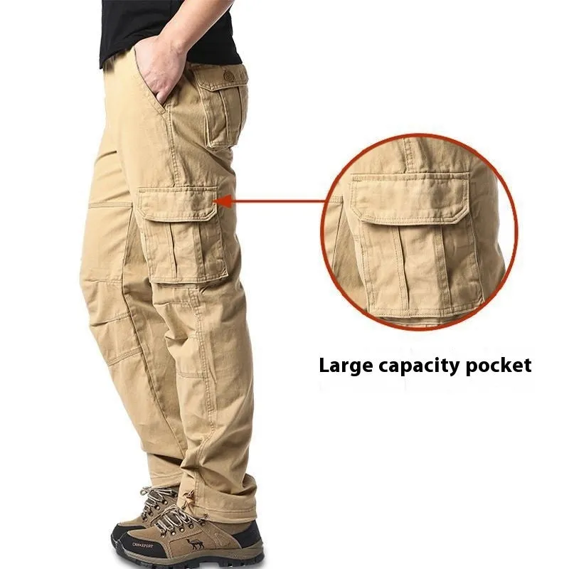 Men's multi-pocket 100% cotton cargo pants in khaki, mid waist with zipper fly, size M-5XL