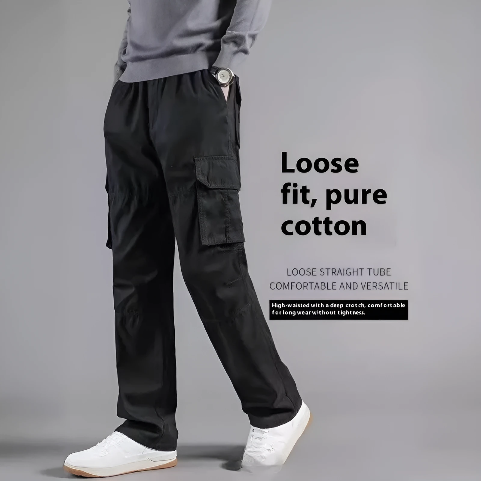 Men's multi-pocket 100% cotton cargo pants in khaki, mid waist with zipper fly, size M-5XL