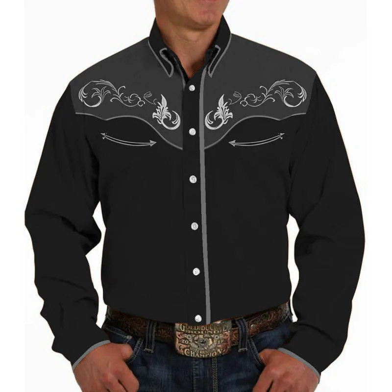 Men's casual 3D printed polyester lapel long sleeve pullover shirt in colour match pattern, loose fit, size S to 6XL