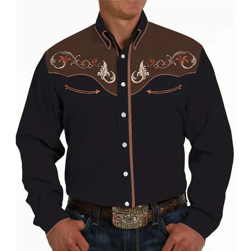 Men's casual 3D printed polyester lapel long sleeve pullover shirt in colour match pattern, loose fit, size S to 6XL
