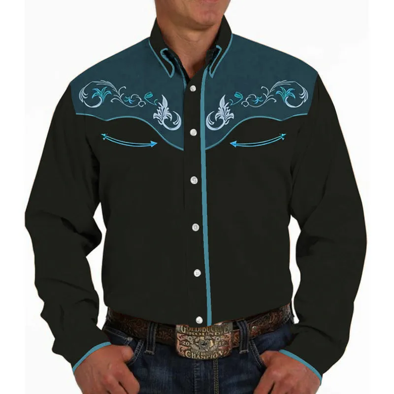 Men's casual 3D printed polyester lapel long sleeve pullover shirt in colour match pattern, loose fit, size S to 6XL