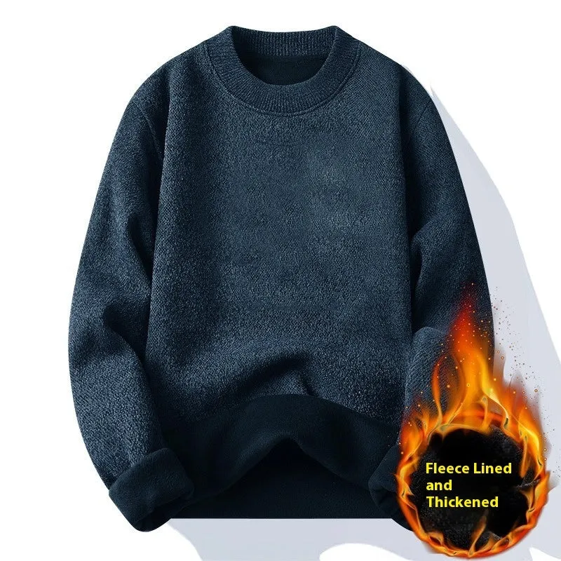 Men's single-layer fleece-lined round neck pullover sweater in black, front view, long sleeves, casual fit.