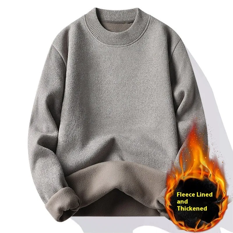 Men's single-layer fleece-lined round neck pullover sweater in black, front view, long sleeves, casual fit.