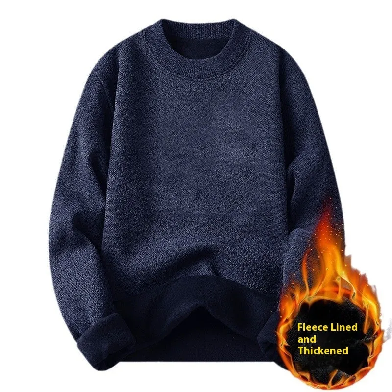 Men's single-layer fleece-lined round neck pullover sweater in black, front view, long sleeves, casual fit.
