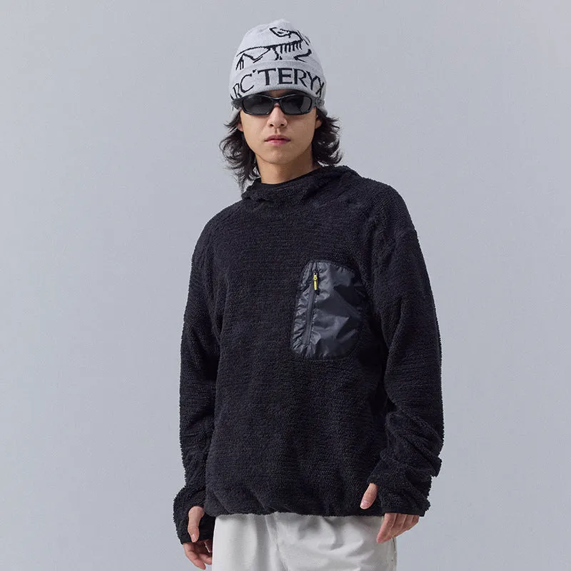 Breathable pullover hoodie for men – polyester fibre blend with zip pocket, black colour, front view