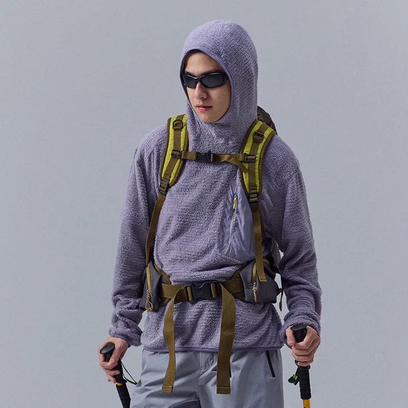 Breathable pullover hoodie for men – polyester fibre blend with zip pocket, black colour, front view