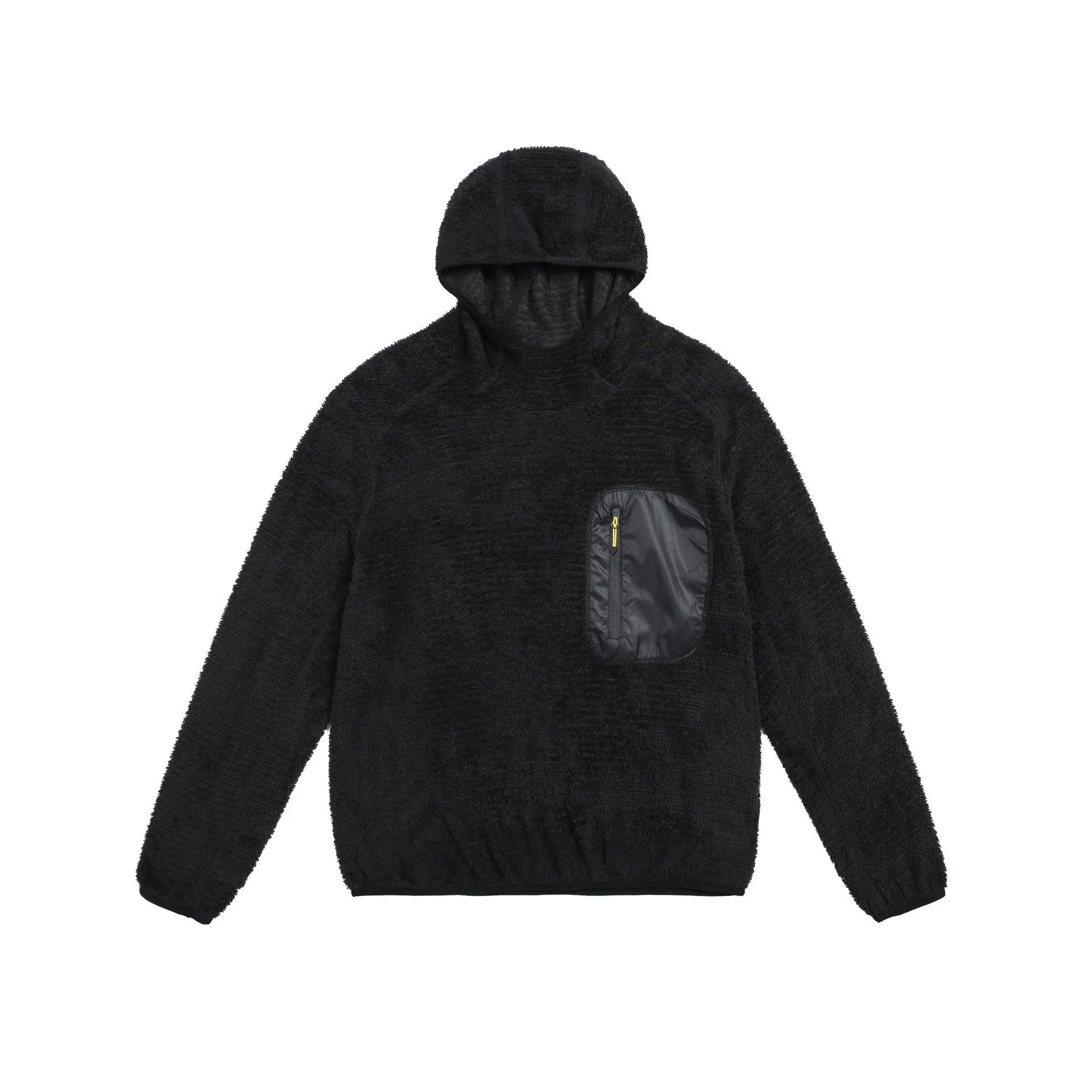Breathable pullover hoodie for men – polyester fibre blend with zip pocket, black colour, front view