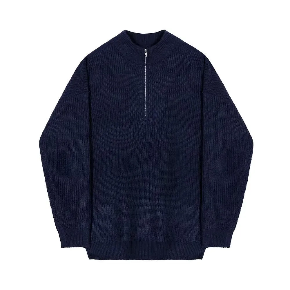 Men's loose fit half zip cardigan sweater in black, polyester blend, long sleeve