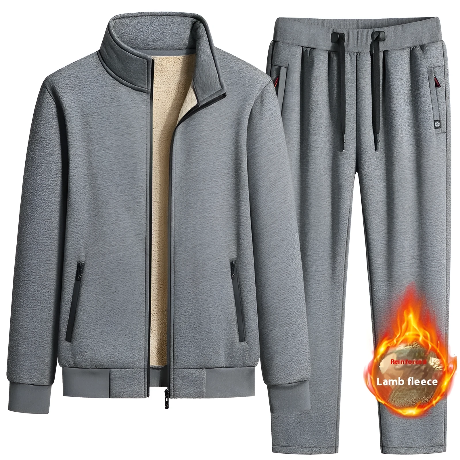 Men's cotton winter fleece set with long-sleeve coat and trousers, plus size, black drawstring style