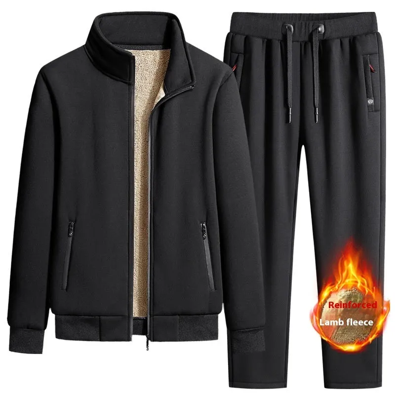 Men's cotton winter fleece set with long-sleeve coat and trousers, plus size, black drawstring style