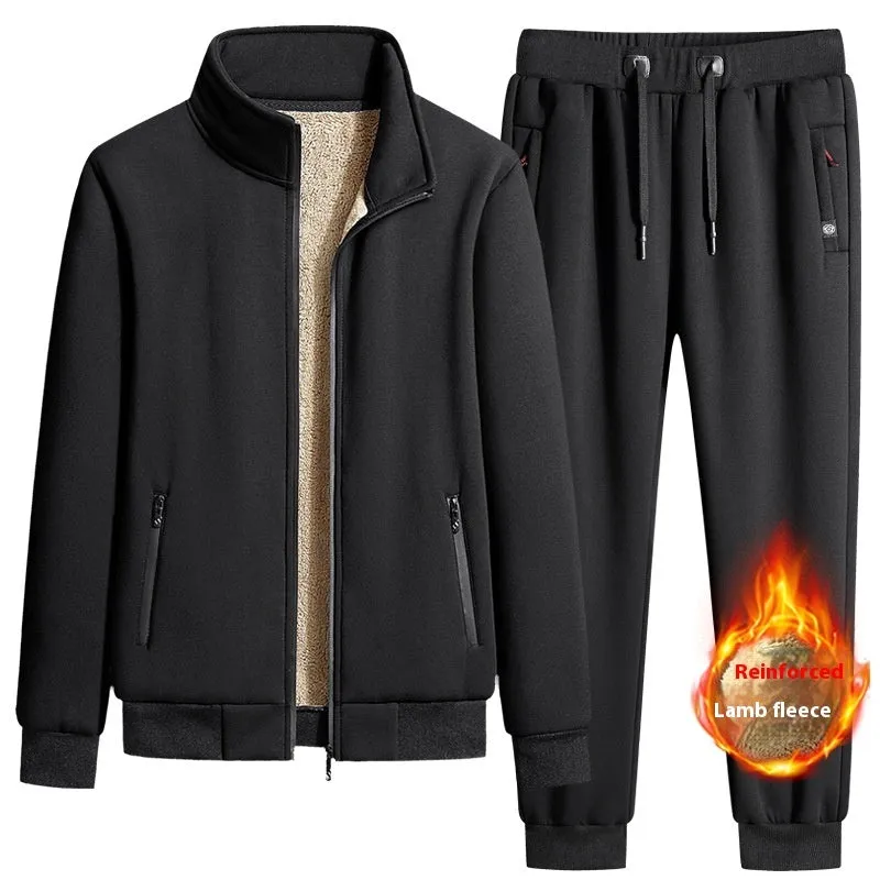 Men's cotton winter fleece set with long-sleeve coat and trousers, plus size, black drawstring style
