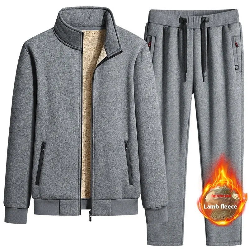 Men's cotton winter fleece set with long-sleeve coat and trousers, plus size, black drawstring style