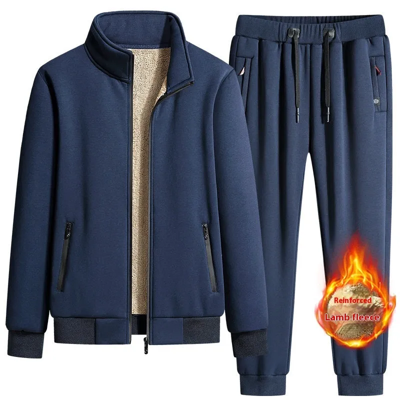 Men's cotton winter fleece set with long-sleeve coat and trousers, plus size, black drawstring style