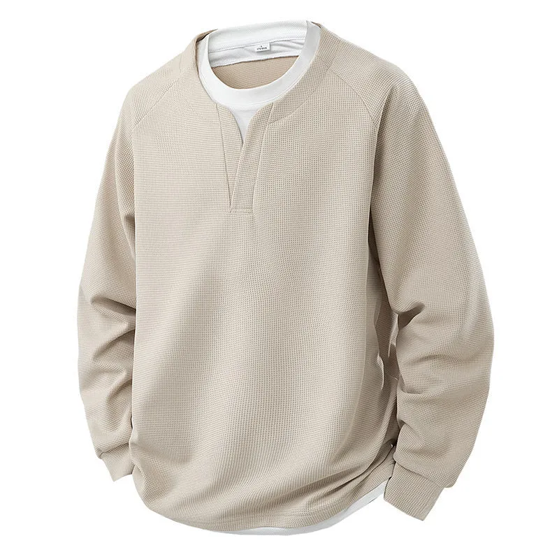 False-two-piece V-neck waffle sweater in solid colour, polyester fibre pullover top