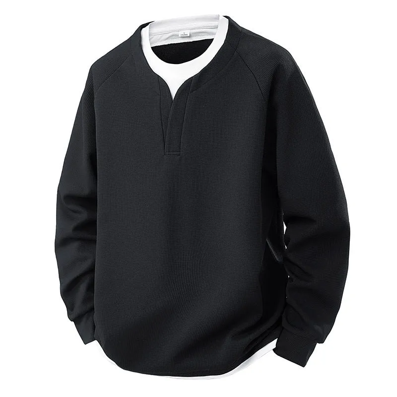 False-two-piece V-neck waffle sweater in solid colour, polyester fibre pullover top