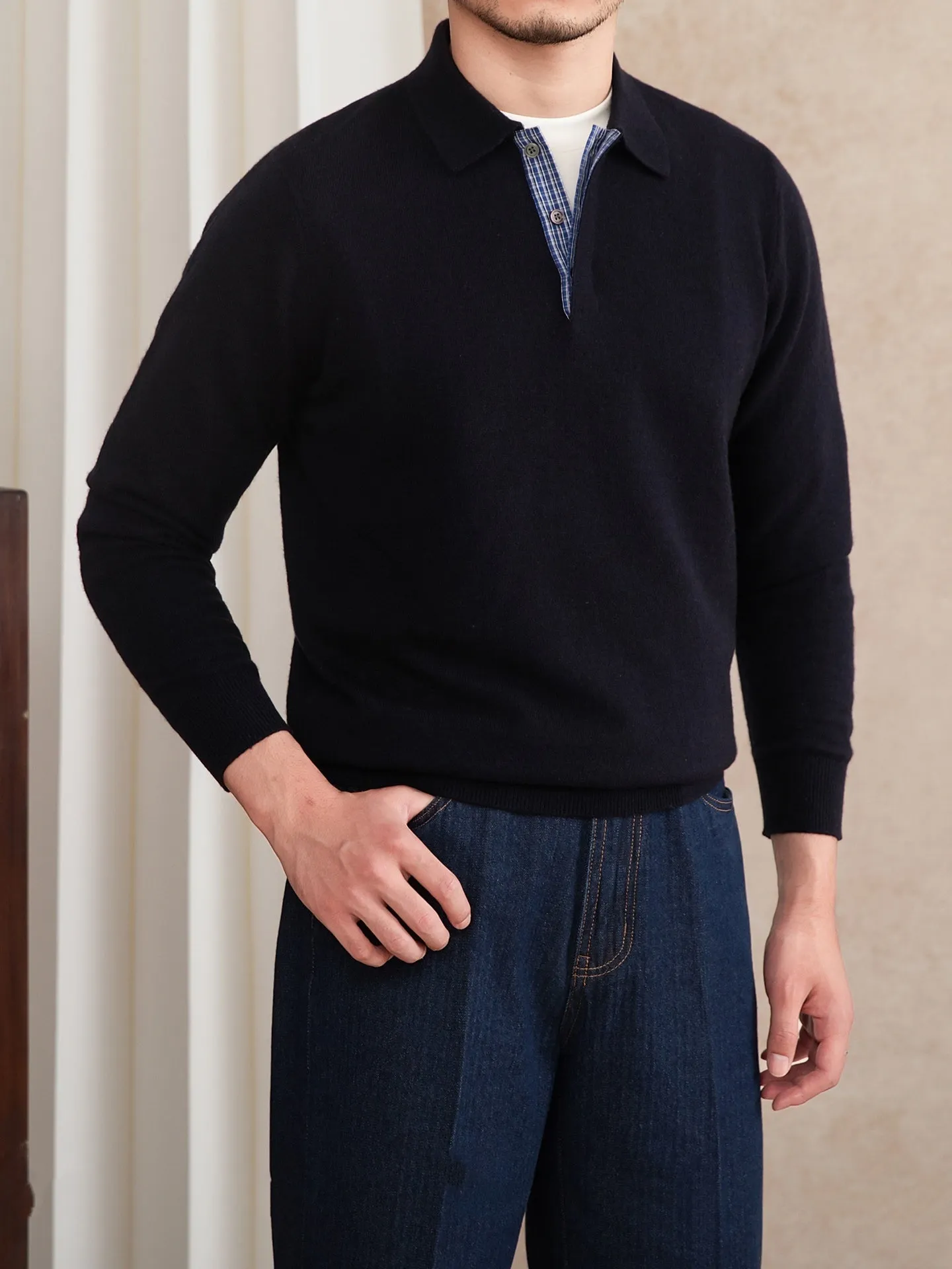 Slim-fit knitted wool blend lapel polo shirt in dark blue with button placket long sleeves