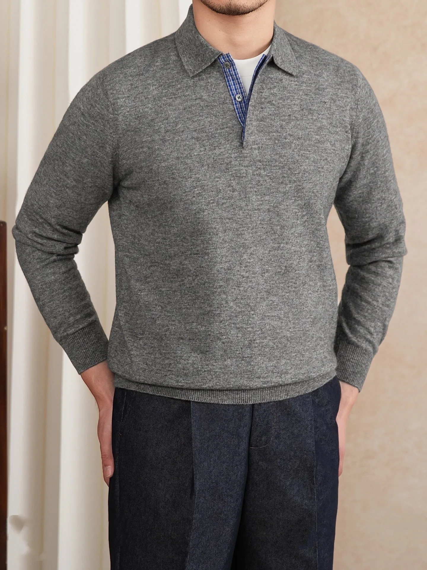 Slim-fit knitted wool blend lapel polo shirt in dark blue with button placket long sleeves
