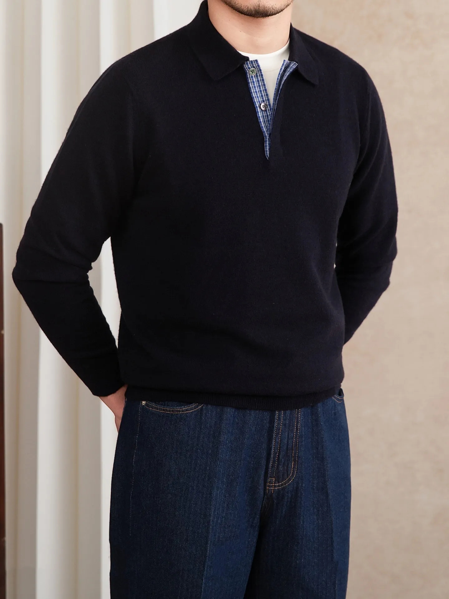 Slim-fit knitted wool blend lapel polo shirt in dark blue with button placket long sleeves