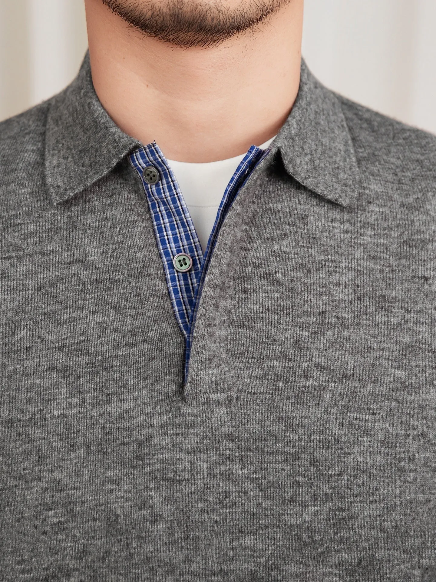 Slim-fit knitted wool blend lapel polo shirt in dark blue with button placket long sleeves