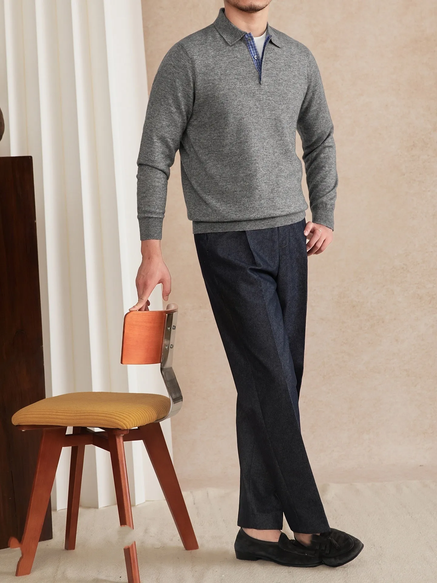 Slim-fit knitted wool blend lapel polo shirt in dark blue with button placket long sleeves