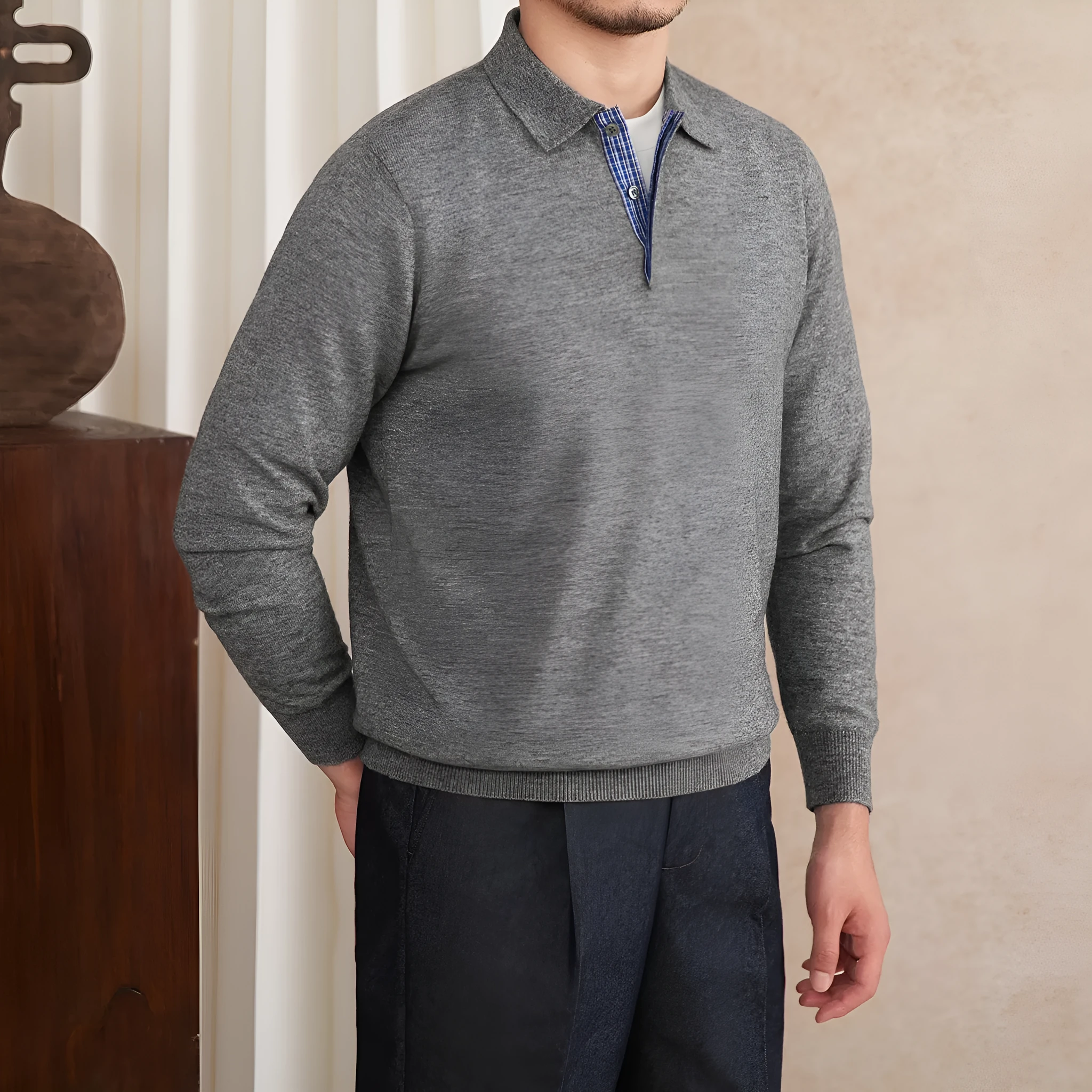 Slim-fit knitted wool blend lapel polo shirt in dark blue with button placket long sleeves