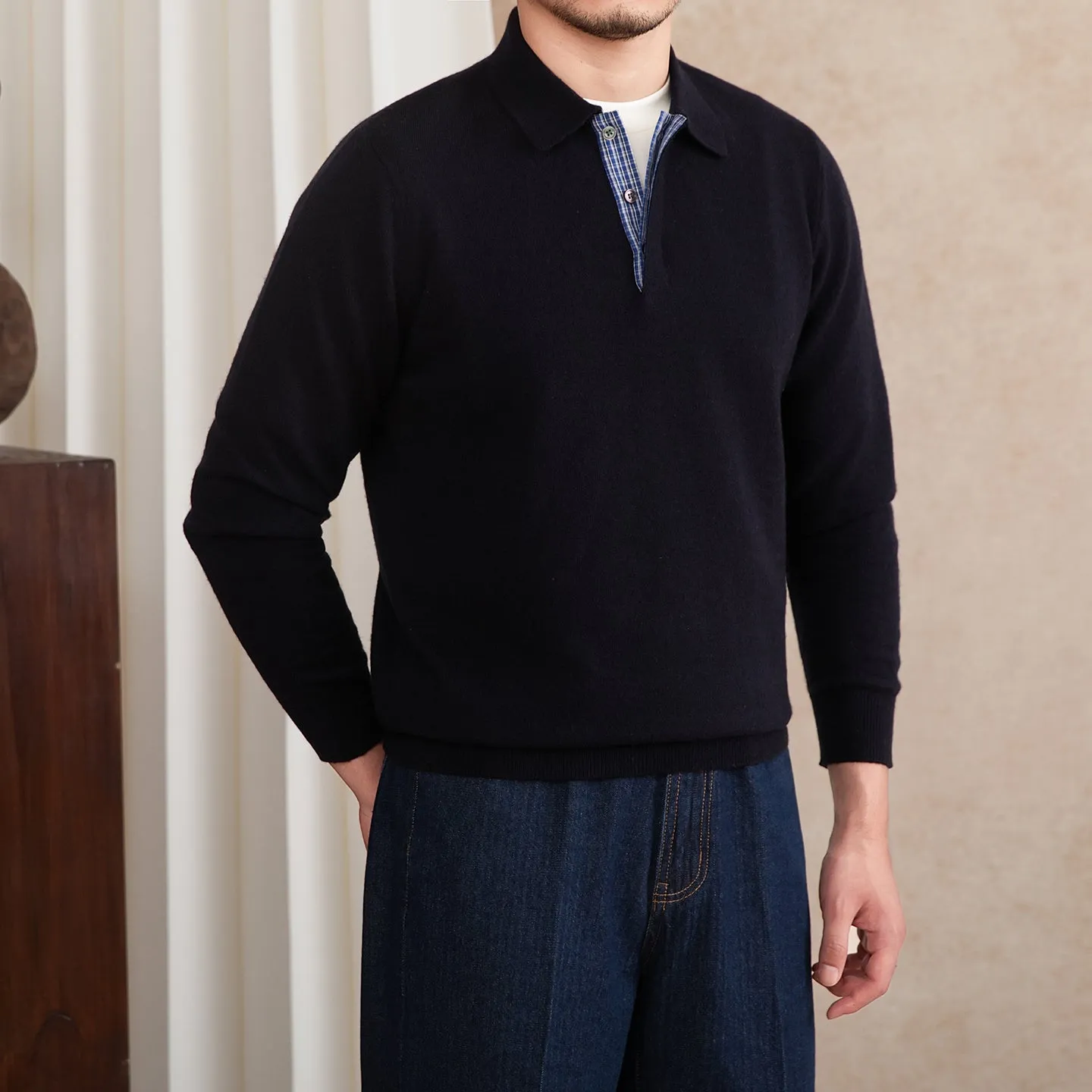 Slim-fit knitted wool blend lapel polo shirt in dark blue with button placket long sleeves