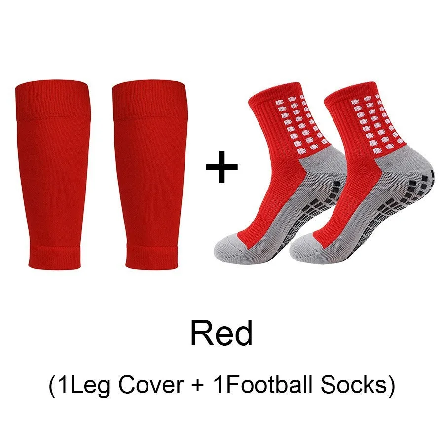 Sports soccer socks with knee pads, glue dispensing non-slip, mid-calf length, polyester blend, solid colour, for men and women
