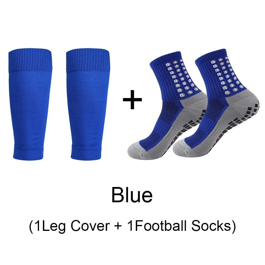 Sports soccer socks with knee pads, glue dispensing non-slip, mid-calf length, polyester blend, solid colour, for men and women