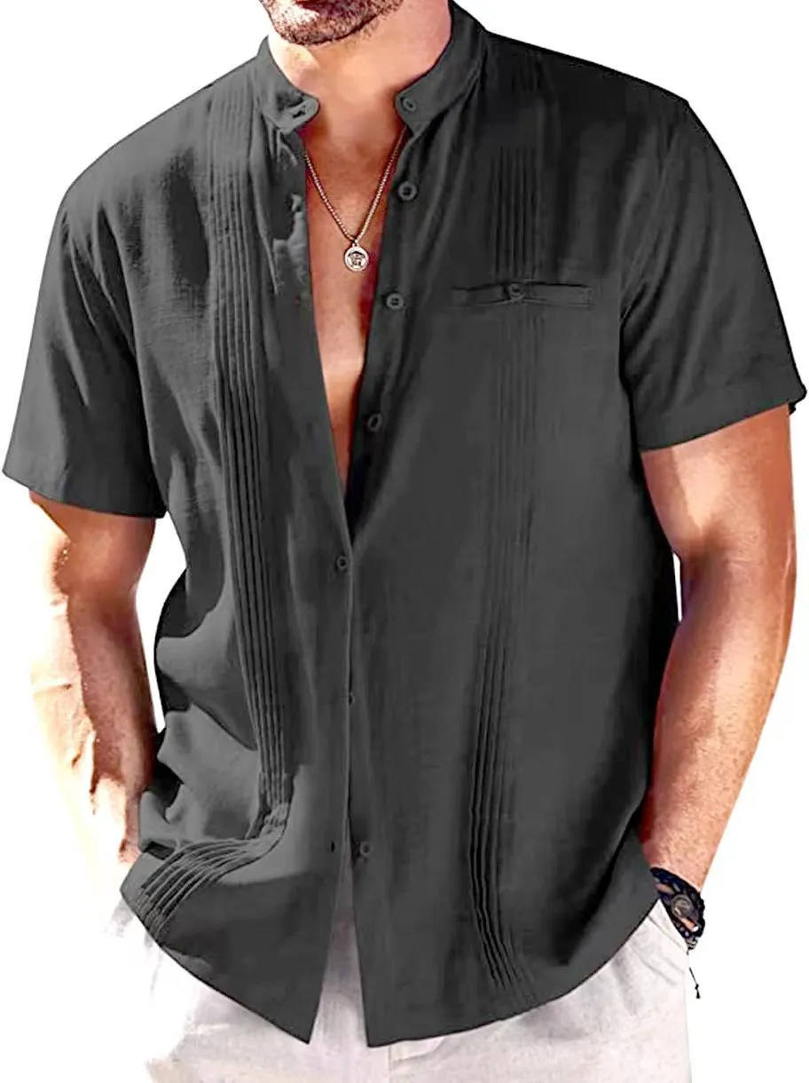 Men's short-sleeved solid colour cotton casual shirt in khaki, front view, fold collar, short sleeves, size M