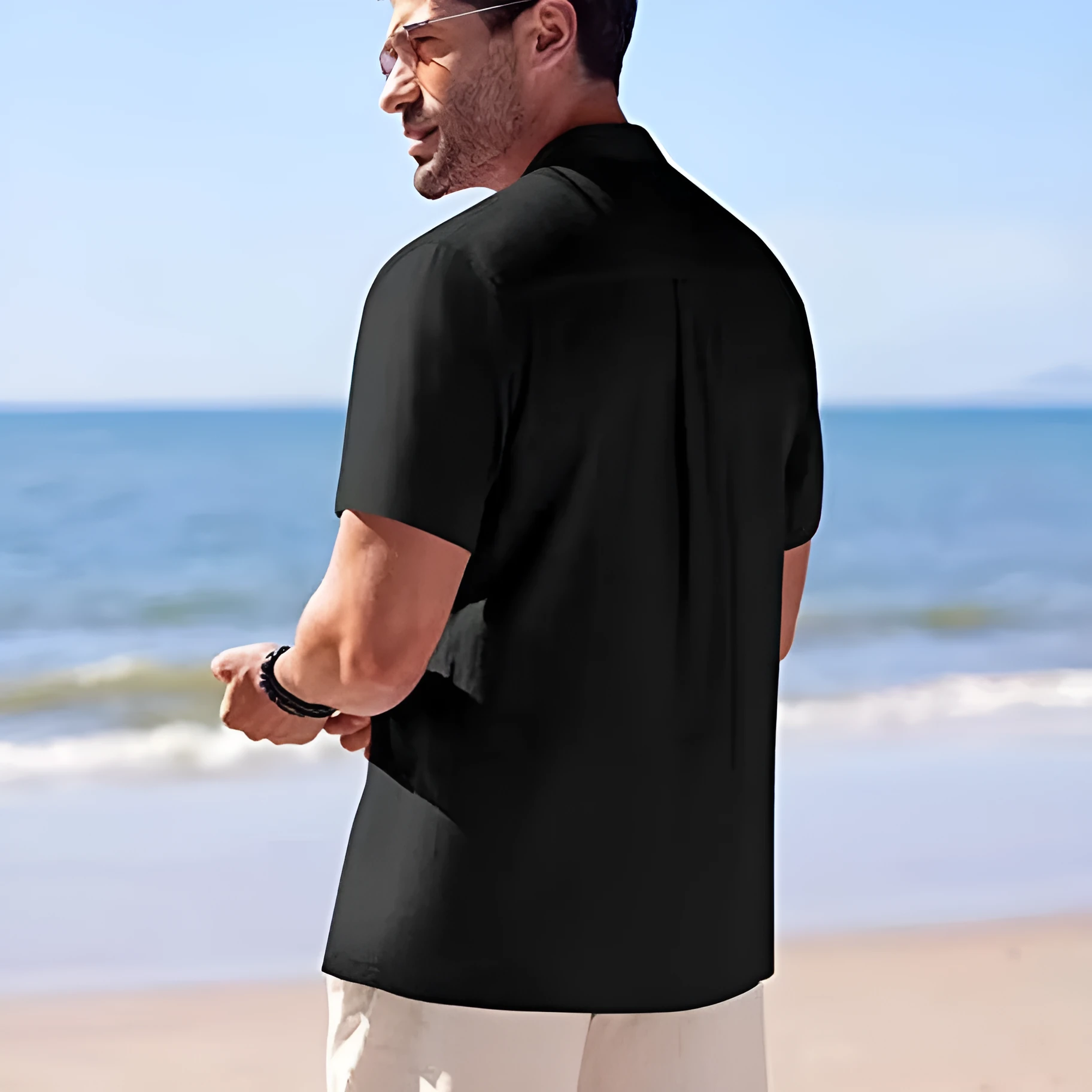 Men's short-sleeved solid colour cotton casual shirt in khaki, front view, fold collar, short sleeves, size M
