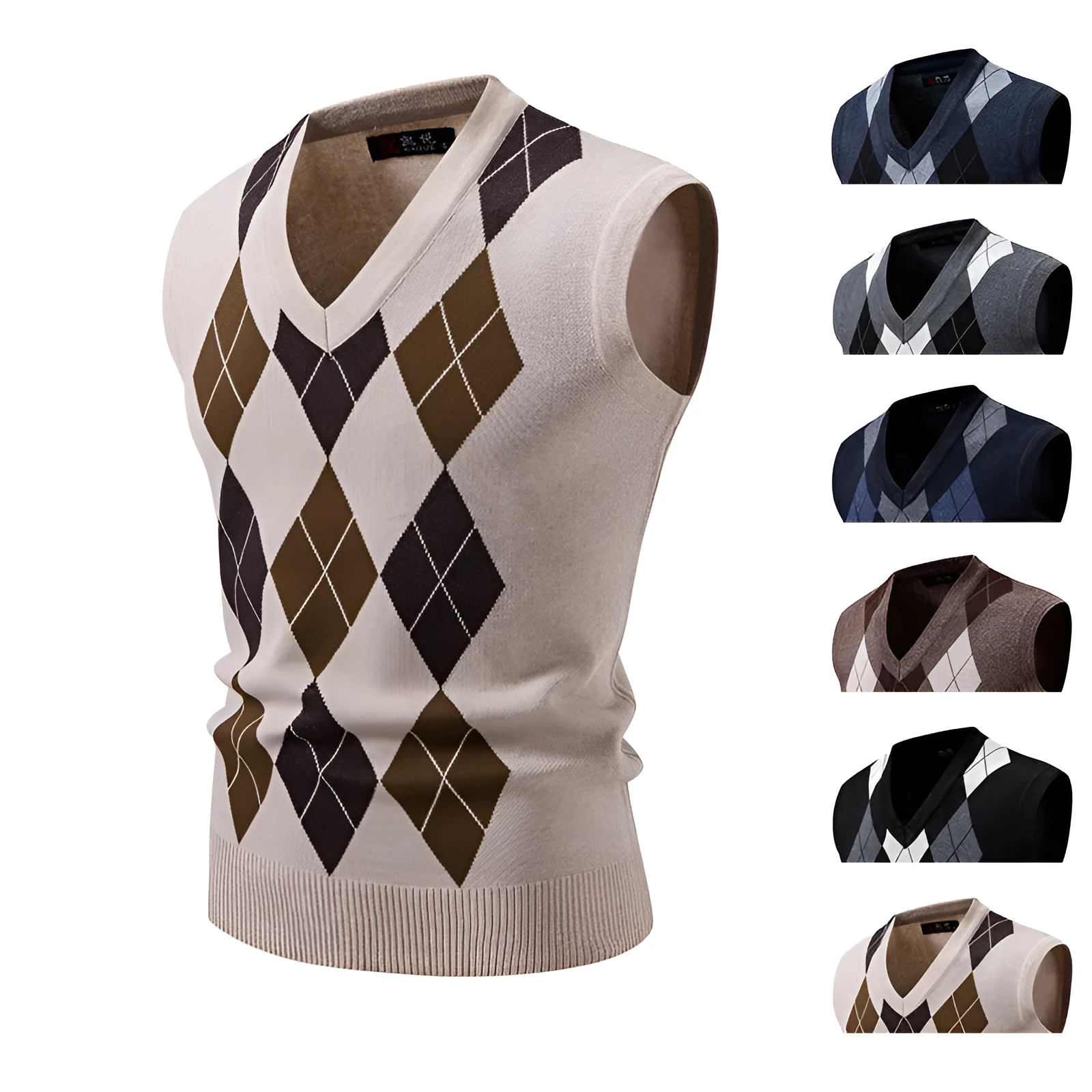 Men's plaid pullover leisure sweater in modal-spandex, loose fit, available in gray black khaki blue navy blue brown