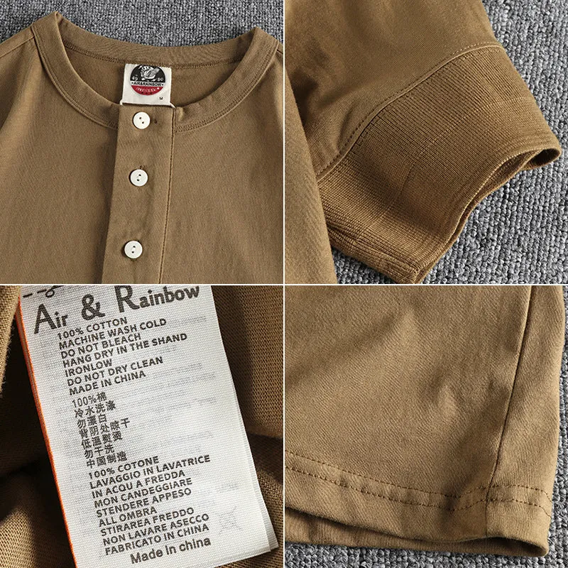 Men's combed cotton Henry collar short sleeve t-shirt in solid colour with cuffed wide-brimmed sleeves, straight fit, retro washed finish