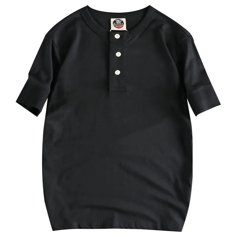 Men's combed cotton Henry collar short sleeve t-shirt in solid colour with cuffed wide-brimmed sleeves, straight fit, retro washed finish