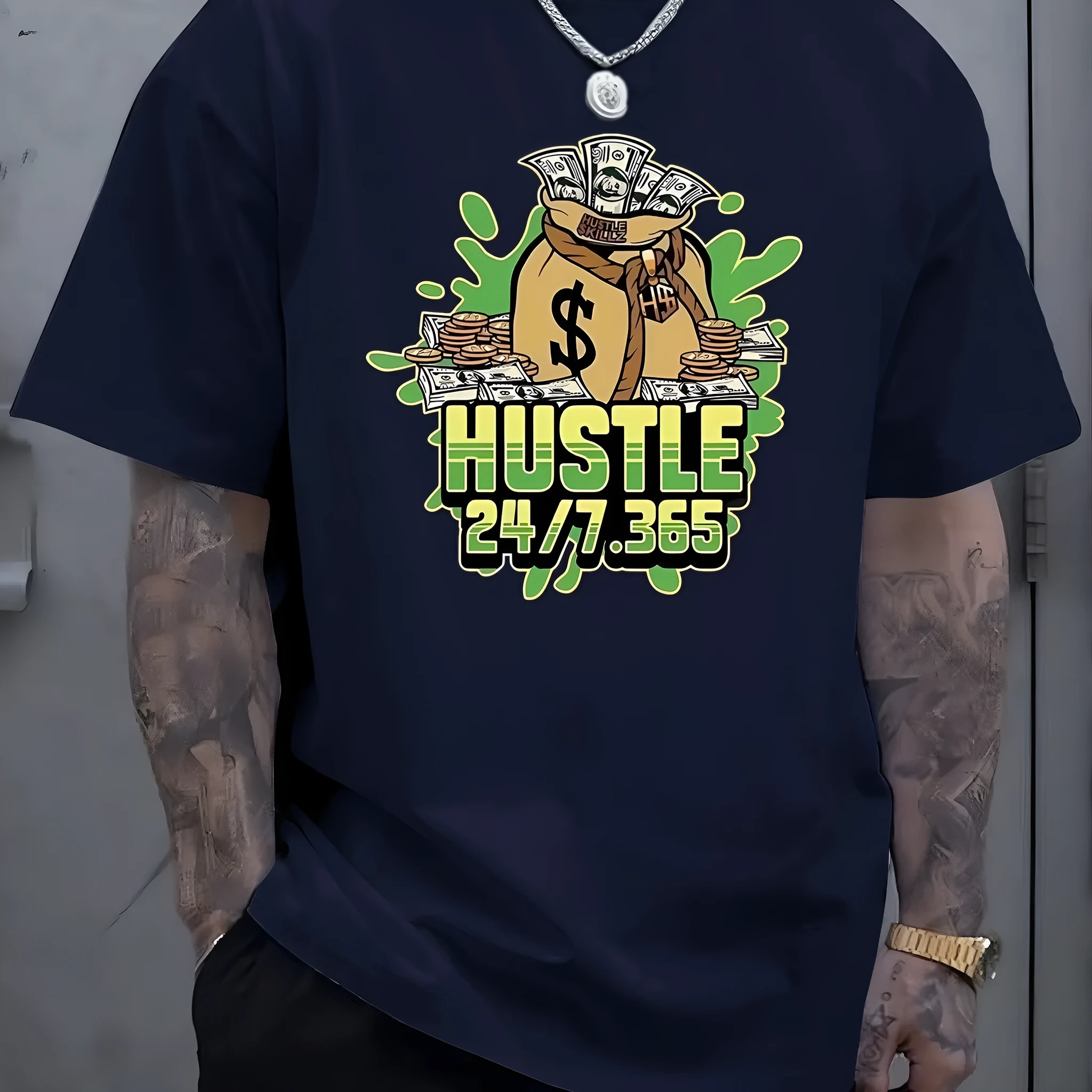 Printed men's summer casual short sleeve breathable T-shirt in black loose fit polyester pullover