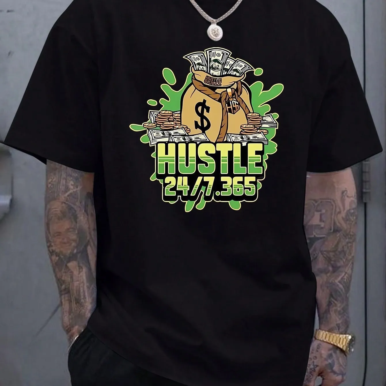 Printed men's summer casual short sleeve breathable T-shirt in black loose fit polyester pullover
