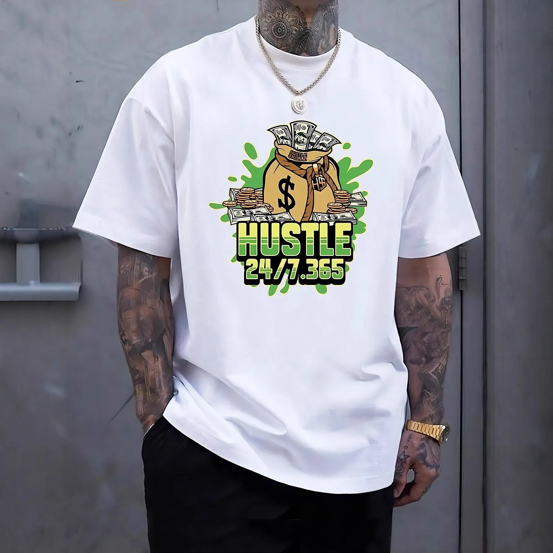 Printed men's summer casual short sleeve breathable T-shirt in black loose fit polyester pullover