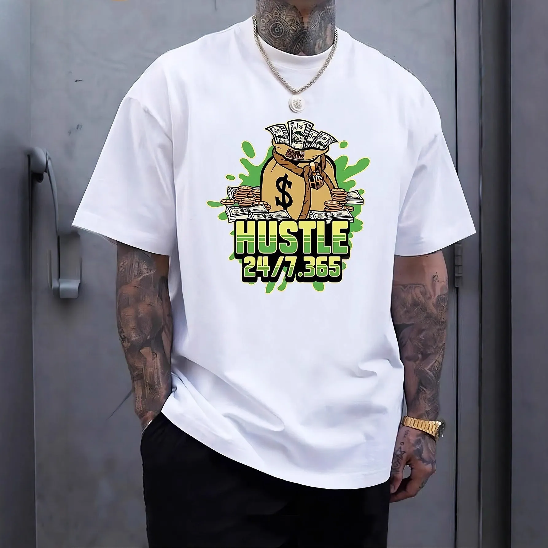 Printed men's summer casual short sleeve breathable T-shirt in black loose fit polyester pullover